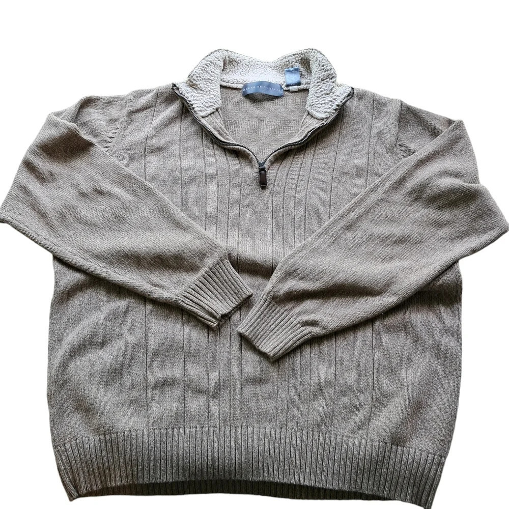 Oscar De La Renta Mens Zip Sweater with Faux Sherling Collar Vintage Y2k VTG